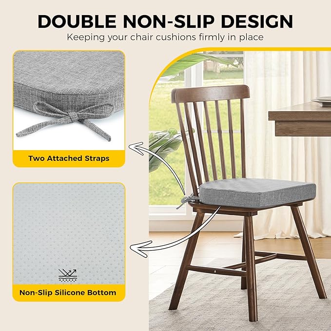 downluxe Indoor Chair Cushions for Dining Chairs, Soft and Comfortable Textured Foam Kitchen Chair Pads with Ties and Non-Slip Backing, 16" x 16" x 2", Light Grey, 6 Pack