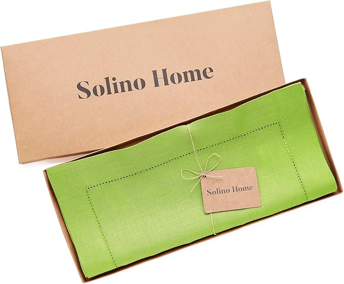Solino Home Linen Table Runner 120 Inches Long - 100% Pure Linen Lime Green Table Runner 14 x 120 Inch - Classic Hemstitch