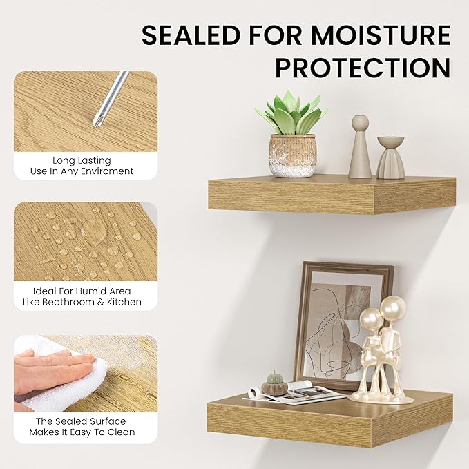 Square Floating Shelves for Wall, 10" W x 10" D x 1.2" H, Small Wooden Wall Mounted Display Shelves with Invisible Brackets for Living Room, Bedroom, Bathroom, Kitchen Decor, Set of 4, Oak