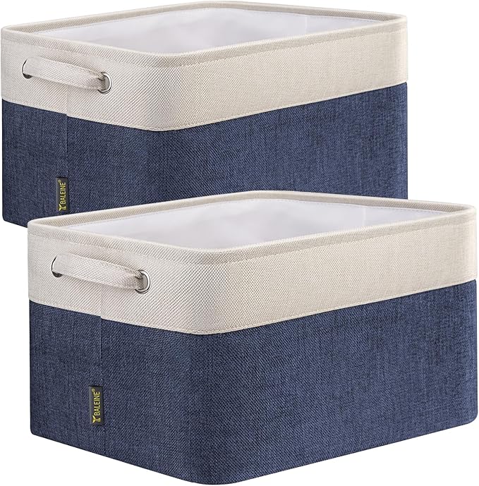 BALEINE 2 Pack Fabric Storage Bins for Shelves, Linen Storage Baskets for Organizing, Decorative Closet Bins for Clothes, Home (Navy Blue, 12"x8"x8")