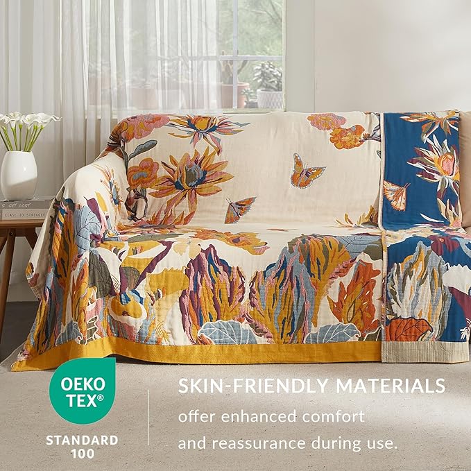 Boho Throw Blanket for Couch Sofa Bed, 100% Cotton Woven Quilt with Tassel 60”x80”, Super Soft Muslin Blanket with Floral Printed, Decorative Reversible Bed Blanket/Cover for All Seasons