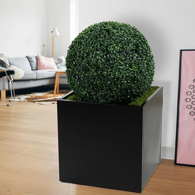 Kozyard 20'' Cube Metal Planter Steel Planter Box Black Steel Flower Pot with Saucer Partition Panel for Trees Plants Flowers Indoor Outdoor Garden Patio Deck Yard