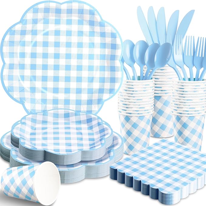 175 Pcs Blue Gingham Plates and Napkins Party Supplies - Blue and White Checkered Plates Sets Serve 25 Guests - Scalloped Gingham Paper Plate for Birthday Dinner Wedding Baby Shower Party Decorations