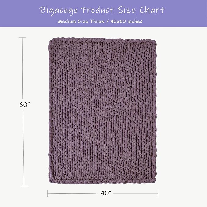 Bigacogo Chunky Knit Throw Blanket for Couch, 40x60 inches, 100% Hand Knitted with Thick Jumbo Chenille Yarn, Cozy Soft Large Rope Knot Cable Crochet Blankets for Sofa Bed Living Room, Winter Grape