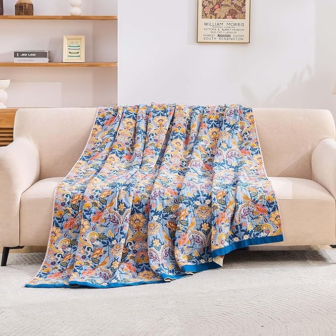 Boho Throw Blanket for Bed, 100% Cotton Soft Rustic Quilt Fall Blanket, 80"x90" Floral Printed Farmhouse Decor Bed Blankets, All Season Rustic Reversible Bohemian Throw Quilt