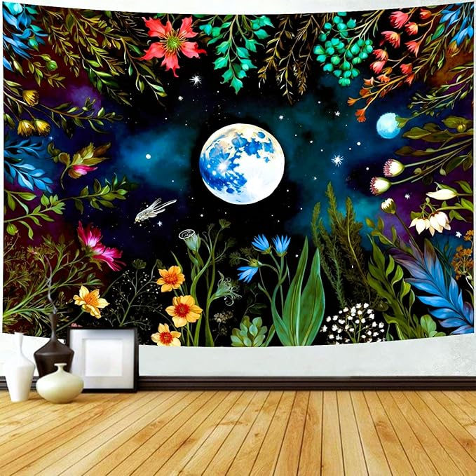 Delur Moonlit Garden Tapestry Boho Moon Floral Plant Tapestry Wall Hanging Colorful Flower Botanical Nature Night Landscape Headboard for Bedroom Living Room Home Decor (70.8" x 92.5")