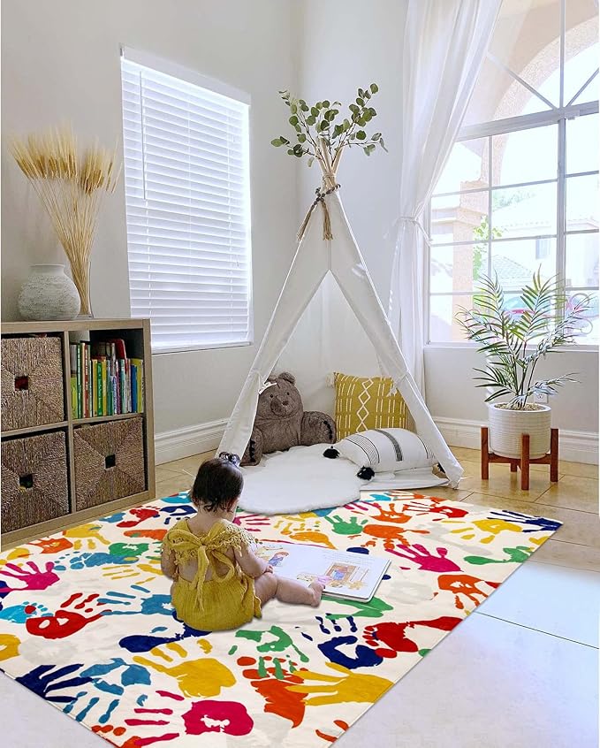 STARUIA Handprints and Footprints Large Kids Rug 5'x7', Washable Colorful Area Rug for Nursery Room, Non-Slip Play Mat Ultra Soft Indoor Carpet for Bedroom Playroom Classroom