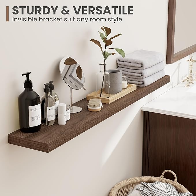 48 Inch Floating Shelves, 8 Inch Deep Floating Shelves for Wall, Hanging Shelf with Invisible Brackets, Deep Shelves for Bathroom, Bedroom, Living Room, Walnut, Set of 1
