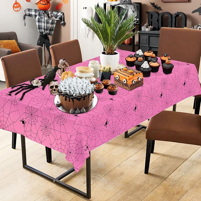 2 Pcs Halloween Tablecloth - Plastic Halloweens Spider Webs Table Cloth, Pink Disposable Rectangle Spiderweb Table Cover for Halloween Party Decorations Supplies Favors Tables Decor, 108 x 54 Inch