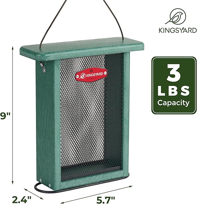 Kingsyard Metal Mesh Bird Feeder for Outdoors Hanging, Finch Feeder for Nyjer/Thistle, Sliding Mesh & Built-in Perch, Recycled Plastic, Green