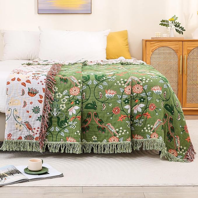 Boho Throw Blanket for Bed, 100% Cotton Ultra Soft Rustic Quilt King Blanket Florals and Animals Printed Farmhouse Decor Large Bed Blankets,90"×98" All Season Rustic Throw for Sofa Couch Chair