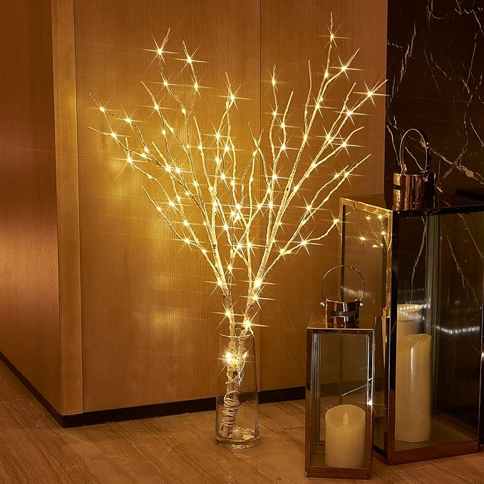 Birchlitland Lighted Birch Branches 32IN 100 LED with Timer Battery Operated, Artificial Tree Branch with Warm,Willow Branch Lights for Home Bedroom Fireplace Christmas Holiday Decoration