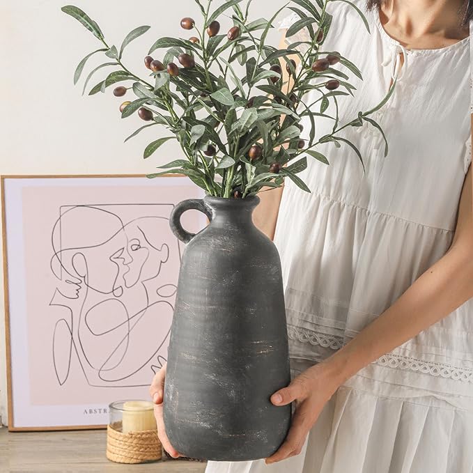 Ceramic Rustic Farmhouse Vase, 12.8" Large Rustic Black Pottery Vases Home Decor Decorative Boho Pampas Vase for Home Decor Table Living Room Decoration Shelf Mantel Enryway Kitchen