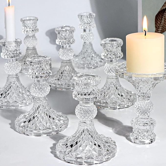 Candlestick Holders Set,12Pcs 4" H Taper Candle Holders Bulk, Clear Glass Candle Holders for Wedding, Spring Party, Romantic Dinner, Festival & Windowsill Decor