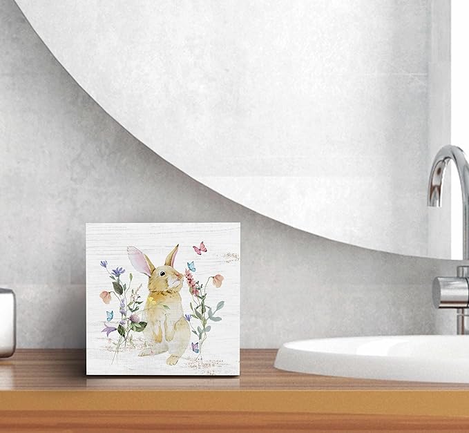 SRADMO Bunny Sign, Cute Bunny's Wood Box Sign Desk Decor, Easter Bunny Gifts for Kids, Easter Theme Wooden Block Box Sign Decoration for Home Office Shelf Table Decor