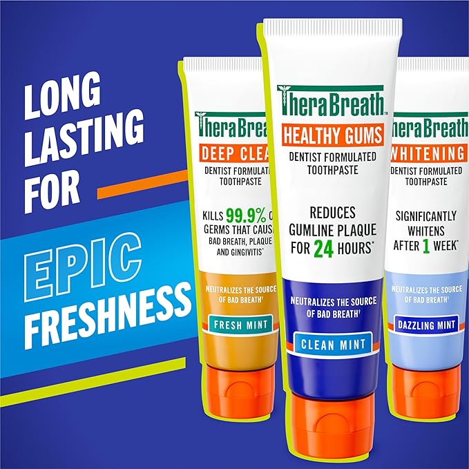 TheraBreath Healthy Gums Toothpaste, Fights Bad Breath for 12 Hours, with Stannous Fluoride for Anticavity & Gingivitis Protection, Clean Mint, 4 Oz, 2-Pack