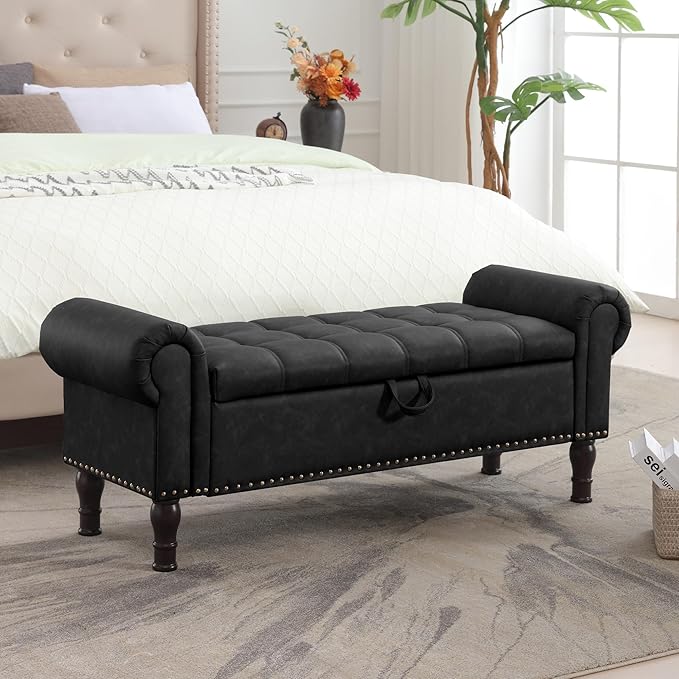 Storage Ottoman Bench for Bedroom, 51" Upholstered Bedroom Bench with Rolled Arms and Vintage Rivets, Large Storage Chest for Living Room, Bedroom, Entryway, Black