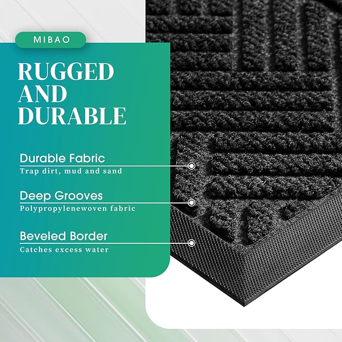 Mibao Front Door Mat Outside Entrance, Durable Outdoor Indoor Mat, Low Profile Heavy Duty Doormat, Non-Slip, Traps Dirt and Moisture, Easy Clean Patio Porch Entryway Mat, 29.5" x 17", Grey