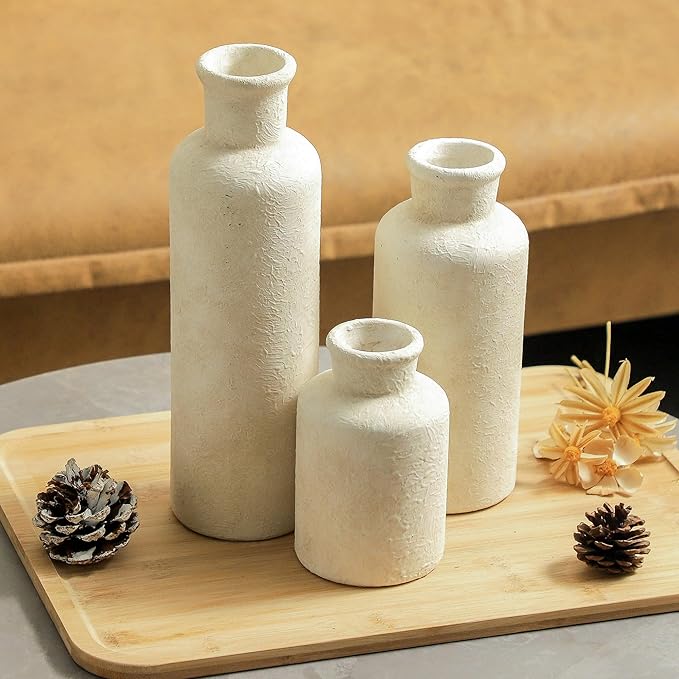 Ceramic Vases Set of 3, Whitewashed Neutral Flower Vases Home Decor, Pottery Rustic Farmhouse Decorative Vases Modern Decor for Table Mantel Entryway Bookshelf Living Room Kitchen Bedroom