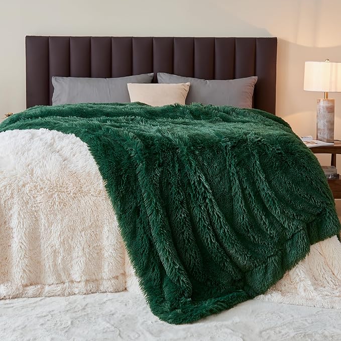 GONAAP Fuzzy Faux Fur Throw Blanket Twin Size Dark Green Super Soft Cozy Plush Fuzzy Shaggy Blanket for Couch Sofa Bed (Dark Green, Twin(60"x80"))