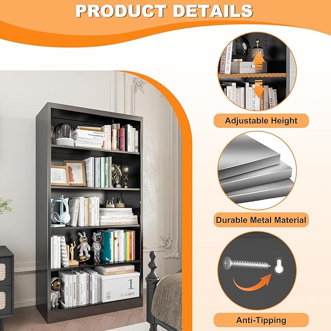 Black Bookshelf, 55” Adjustable Tall Metal Bookshelf, 5-Tier Toy Storage Organizer with Anti-Tilt Device, Modern Book Cases and Book Shelves for Bedroom, Playroom, Classroom, Study