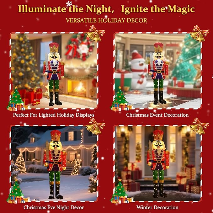 61Inch Nutcracker Christmas Decor Outdoor with LEDs 5 Feet Lighted Large Nutcracker Lighted Christmas Decorations Outdoor with Stakes & Zip Ties for Xmas Yard, Porch, Lawn