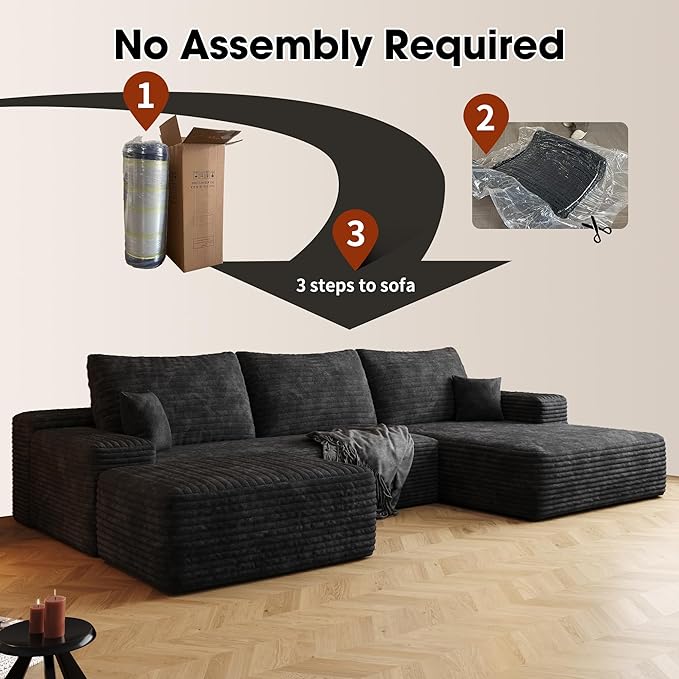 108" Sectional Couches for Living Room Modern Modular Sofa with L-Shape Couchs Upholstered Boneless Couch Deep Seat Sectional Couch with Chaise (Black, Right Facing Chaise+2Seaters+1Ottoman)