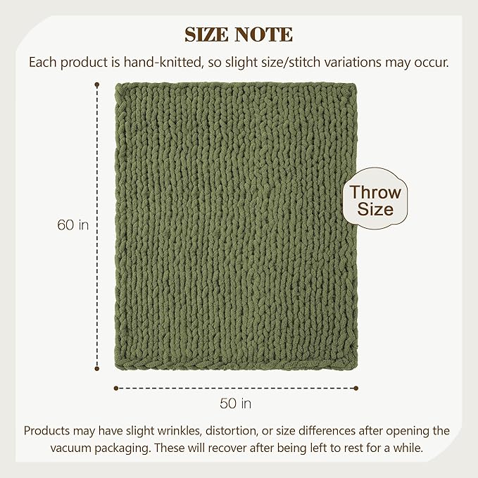 Carriediosa Chunky Knit Throw Blanket 50" X 60", 100% Hand Made Large Chenille Loop Yarn Soft Fluffy Throws for Couch Sofa Bed, Big Crochet Cozy Heavy Thick Cable Woven Blankets, Olive Green