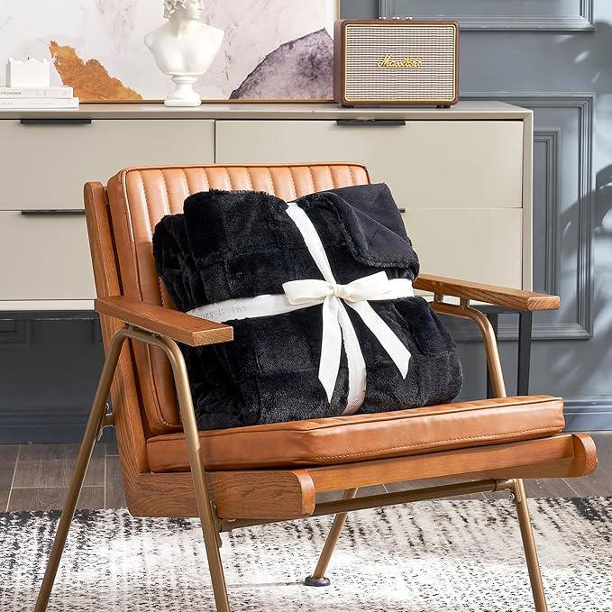 Cozy Bliss Checkered Large Faux Rabbit Fur Black Queen Bed Blanket, Soft Fuzzy Fluffy Minky Furry Plush Blankets for Couch, Bed, Adults (90 * 90 Inches Black)