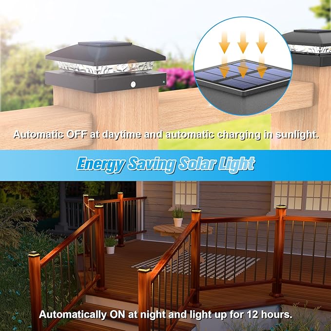 VOLISUN 4x4 Solar Post Cap Light 6pack,Solar Fence - Cap Lights Outdoor Waterproof for Wooden/Vinyl Post,Black Deck Post Cap Light Solar Powered with Warm White for Garden/Patio/Porch