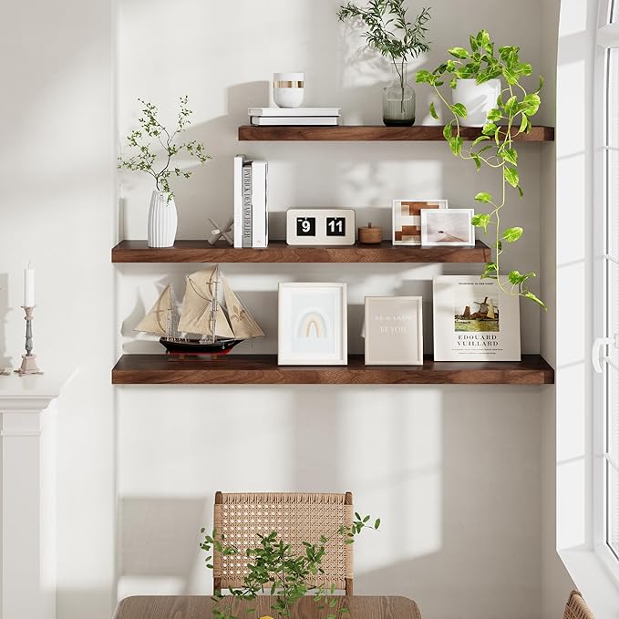 40 Inch Floating Shelvese, 40" W x 9" D Floating Shelf Set of 2, Farmhouse Wood Wall Shelves for Bedroom, Kitchen, Wall Mounted Deep Shelving for Home Decor, Walnut Color