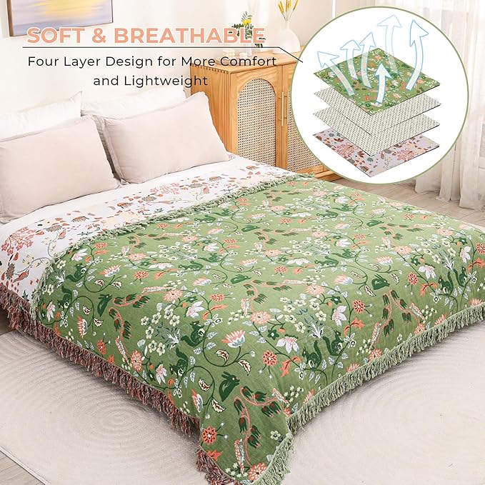 Boho Throw Blanket for Bed, 100% Cotton Ultra Soft Rustic Quilt King Blanket Florals and Animals Printed Farmhouse Decor Large Bed Blankets,90"×98" All Season Rustic Throw for Sofa Couch Chair