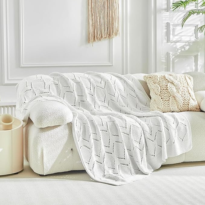 Longhui bedding Chunky Cotton Knit Throw Blanket for Couch, Sofa, Bed, or Chair, Decorative Breathable Fall Cable Knit Blanket 51 x 63 Inches, Medium Weight Cream