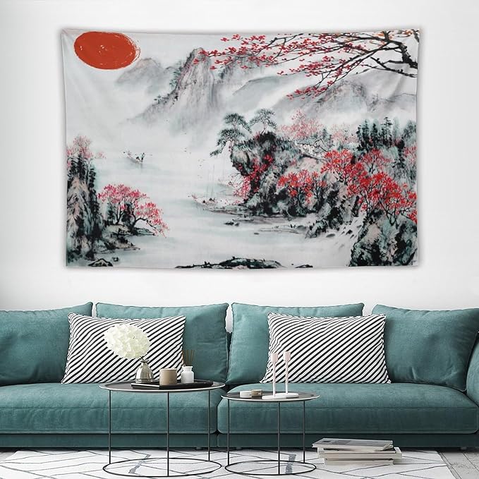 Cherry Blossoms Tapestry,Japanese Red Landscape Asian Watercolor Abstract Art Tapestry, Asian Japanese Wall Tapestry, Nature Landscape Tapestries for Bedroom Living Room Decor 60"x40"