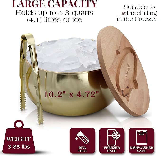 Gusto Nostro 4.1L Insulated Ice Bucket with Lid and Tongs, Double Wall Stainless Steel Ice Bucket Large, BPA Free Ice Bucket for Cocktail Bar, Keeps Champagne, Wine, Beer Chill for Parties (Gold)