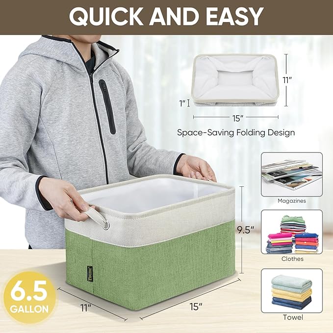 BALEINE 4 Pack Fabric Storage Bins for Shelves, Linen Storage Baskets for Organizing, Decorative Closet Bins for Clothes, Home (Green, 15''x11''x9.5'')