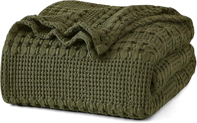 PHF 100% Cotton Waffle Weave Blanket Twin Size, Soft Lightweight Breathable Cozy Summer Blankets for Bed, Luxury Aesthetic Woven Bedding for Home Decor, 66"x90", Capulet Olive