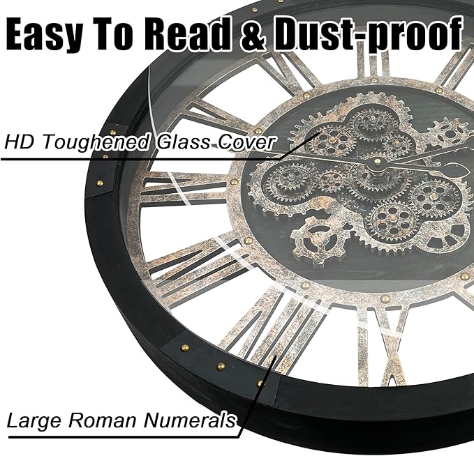 DORBOKER 24" Large Wall Clock with Moving Gears,Oversize Vintage Industrial Rustic Farmhouse Clocks for Living Room Decor Office Home,Solid Wood HD Tempered Glass Cover,Vintage Black