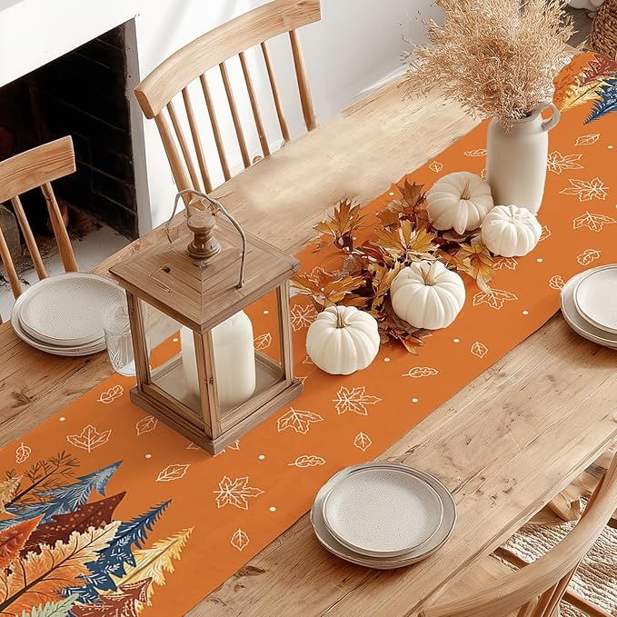 GEEORY Fall Watercolor Trees & Maple Leaves Table Runner 13x120 Inch, Rustic Farmhouse Autumn Thanksgiving Decor for Kitchen, Dining, Indoor/Outdoor Holiday Dinner Party Orange GT158-120