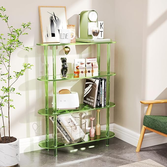 Clear Bookshelf, Acrylic Bookcase with Open Book Shelf Console Table for Entryway Office (4 Tier Green)