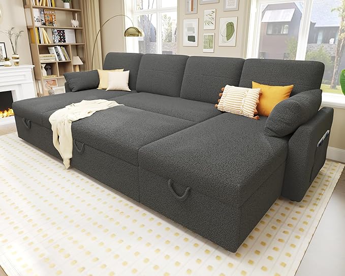 VanAcc Sleeper Sofa, 110 inch Oversize - 2 in 1 Pull Out Bed, Sectional Sleeper Sofa with Double Storage Chaise for Living Room, Grey Boucle Couch