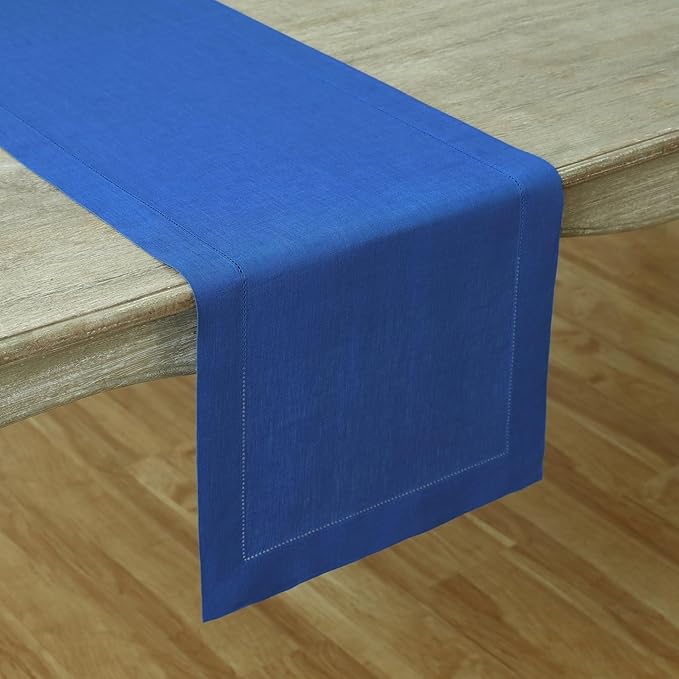 Solino Home Linen Royal Blue Table Runner 90 Inches Long - 100% Pure Linen 14 x 90 Inch Table Runner - Classic Hemstitch