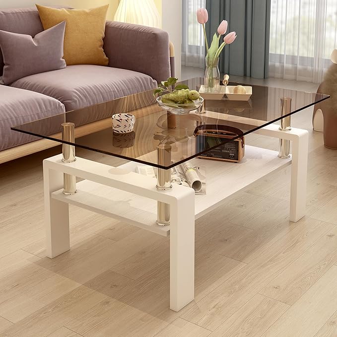 Glass Coffee Table Rectangle Living Room Center Table, with Brown Tempered Glass Tabletop and White MDF Layer,for Living Room and Office, Brown+White