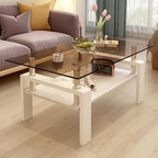 Glass Coffee Table Rectangle Living Room Center Table, with Brown Tempered Glass Tabletop and White MDF Layer,for Living Room and Office, Brown+White