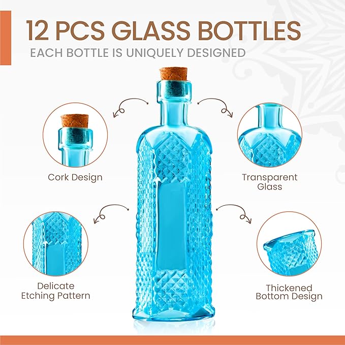 Small Blue Vintage Glass Bottles with Corks, Mini Vases, Decorative, Potion, Assorted Design Set of 12 pcs, 4.6 Inch Tall (11.43cm), 1.4 Inch Wide (3.56cm)