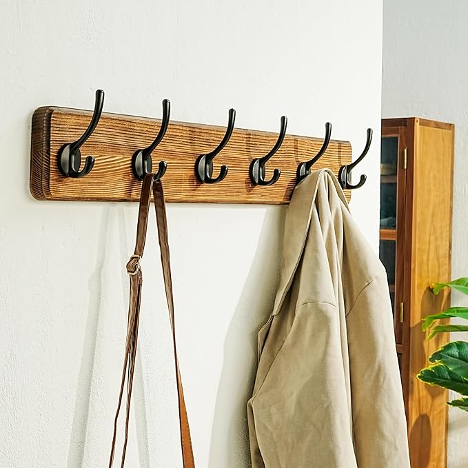 Dseap Wall Mounted Coat Rack: 24" Long, Patented, Heavy-Duty, 6-Double-Hooks Wooden Hanger Rail for Winter Coats, Hat, Jacket, Clothing - Natural & Black, Pack of 2