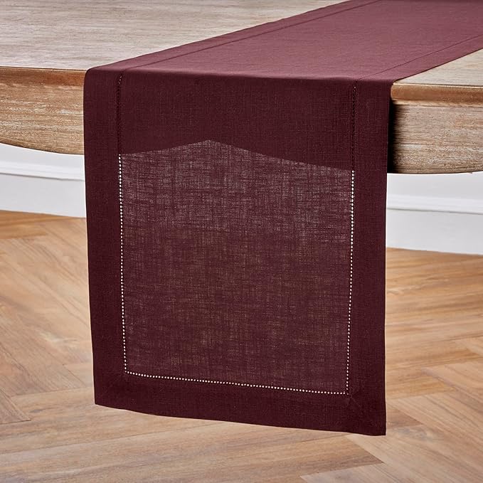Solino Home Linen Table Runner 60 Inches - 100% Pure Linen Burgundy Hemstitch Table Runner 14 x 60 Inch Ideal for Dresser and Coffee Tables - Fall, Autumn, Thanksgiving - Classic Hemstitch