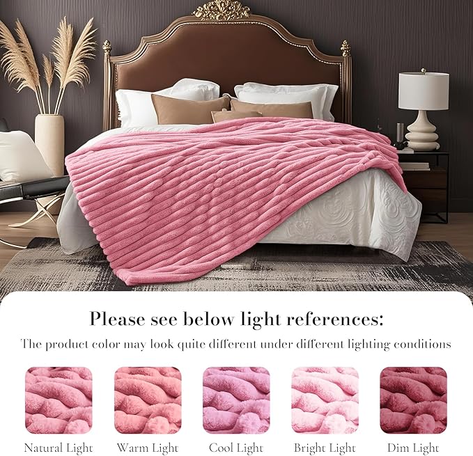 Amélie Home Faux Fur Throw Blanket for Couch, Cozy Fuzzy Fluffy Fur Luxurious Soft Striped Plush Gift Blankets for Family Sofa Chair Bed Living Room Bedroom, 55"x70", Pink