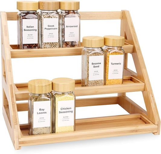 3-Tier Natural Bamboo Spice Rack Organizer - for Kitchen Cabinets, Countertops & Pantries - Space-Saving Tiered Shelf