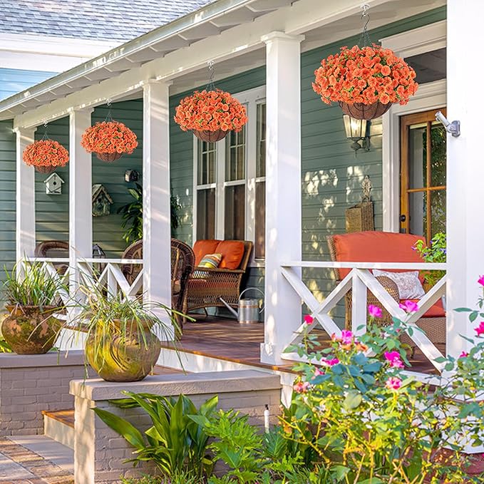 Artificial Fall Flowers Fake Hanging Plants Flowers Basket for Outdoors Autumn Decoration, Orange Silk Morning Glory with Eucalyptus Look Real UV Resistant Faux Flowers for Outside Porch Patio Balcony